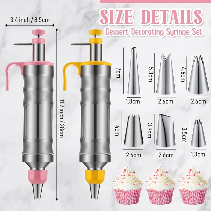 Uiifan 2 Sets Icing Decoration Gun Set Dessert Decorating Decorator Syringe Cake Decorating Tool and 12 Pcs Russian Piping Icing Nozzles Cupcake Filling Injector Cake Tool for Baking(Pink, Yellow)