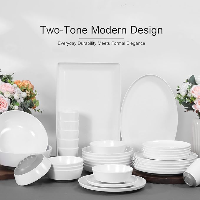 Webbylee 6-inch Melamine Bowls set of 6-20-ounce Dinnerware Cereal Bowls for Soup, Salad & Dessert | Dishwasher Safe & Space Saving(White/Grey)