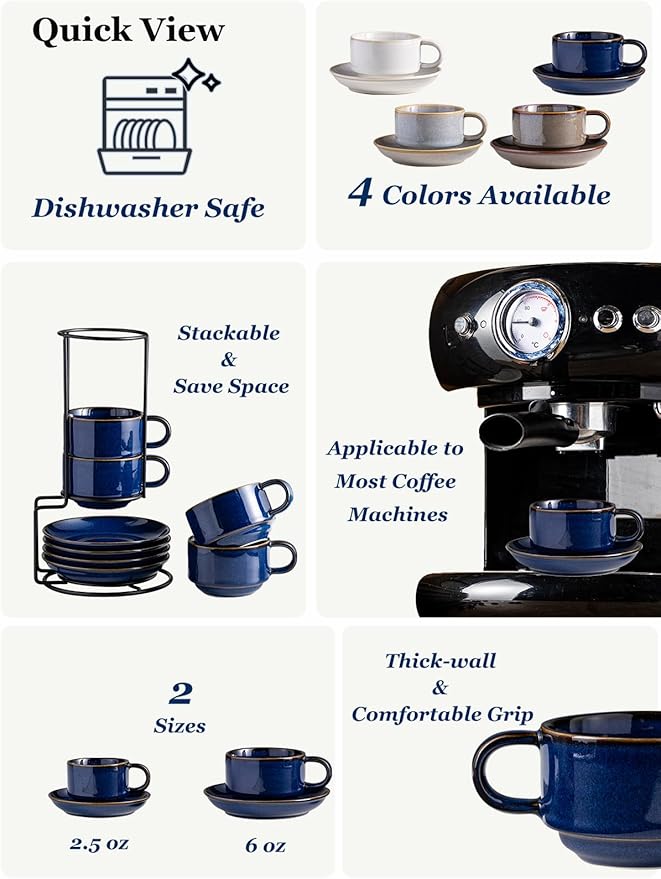 Gomakren 6 Ounce Cappuccino Cups with Saucers and Metal Stand, Stackable Coffee Cup Set of 4, Halloween Porcelain Espresso Cups for Coffee Drinks, Cappuccino, Latte, Americano, Tea, Cobalt Blue