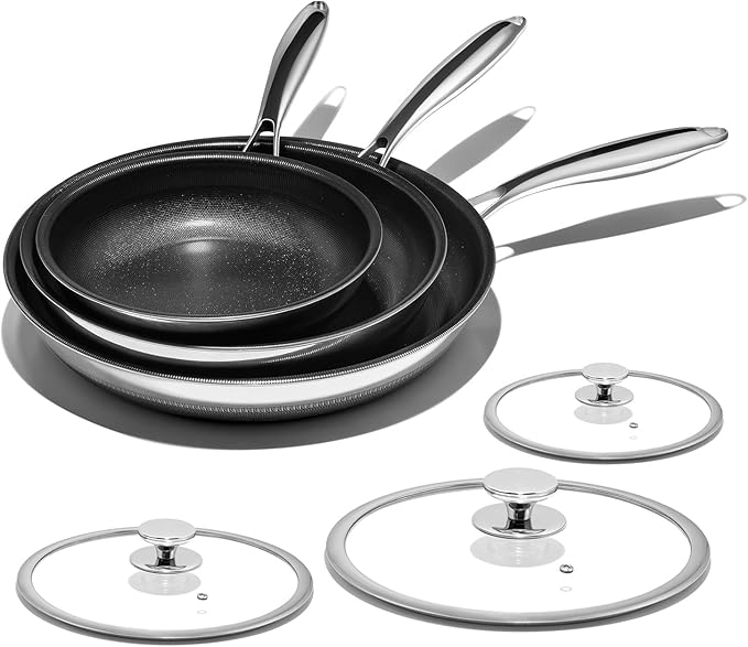 Nonstick Frying Pan Set – 8" 10" 12" Titanium Ceramic Skillet with Lid, Stay-Cool Handle,PFAS, PTFE, PFOA-Free, Non-Toxic, Dishwasher & Oven Safe, Compatible with All Cooktops