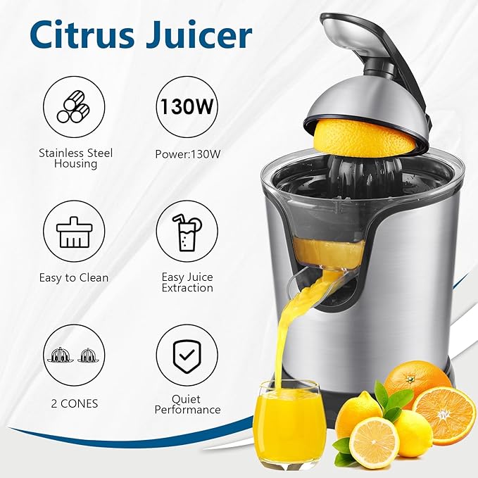 Citrus Juicer, Orange Juicer Machine, Stainless Steel Hands Free Lime Grapefruit Squeezer, Electric Citrus Juicer for Juice, Fruits, Lemons