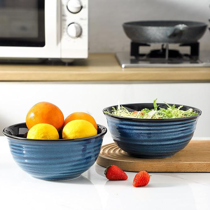 MEKY 65oz Ceramic Mixing Bowls Set of 2, Deep Large Ribbed Serving Bowls for Salad, Pasta, Ramen, Soup, Durable Kitchen Bowl Set, Microwave Oven Dishwasher Safe Porcelain,Blue