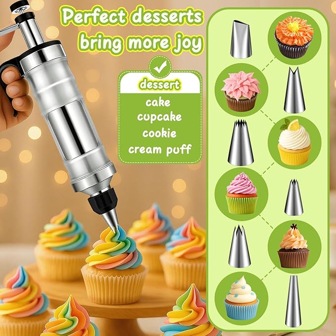 FANTEXY Dessert Decorating Syringe Set, Icing Piping Kit Stainless Steels Cake Decorating Tools 6 Piping Icing Nozzles Cupcake Decorating Kit