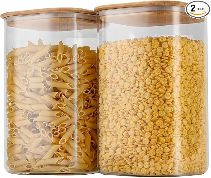 156oz Airtight Glass Square Storage Canister with Bamboo Lid Set of 2(4600ml*2) Large Gallon Glass Jars for Sugar, Flour, Cookies and Coffee beans (with Black Lable)