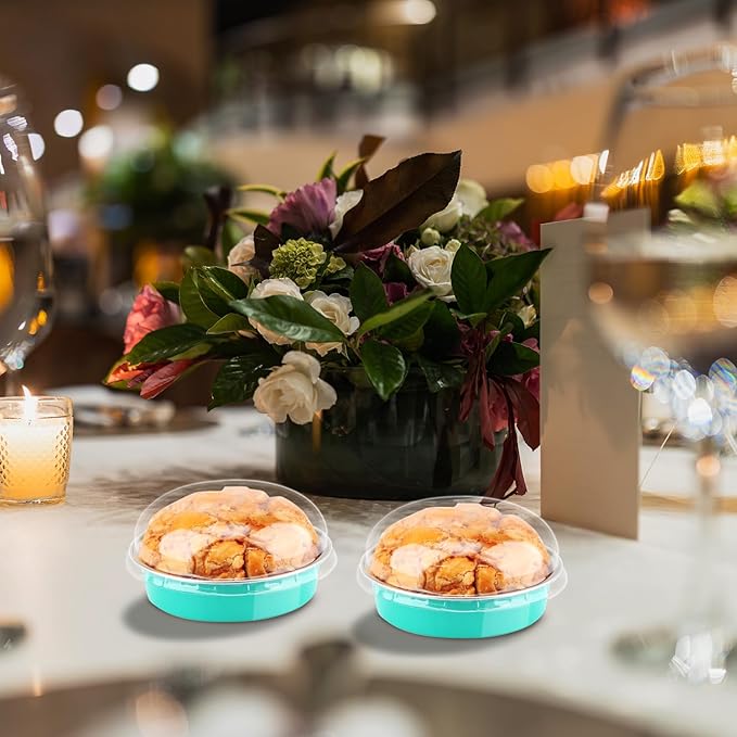 LNYZQUS 4 Inch Mini Cake Pans with Lids 50 Pack, Disposable Small Pie Tins Mini Tart Creme Brulee Ramekin Contaniers,8oz Aluminum Foil Baking Pans Jumbo Muffin Cups Holders-Cyan Blue