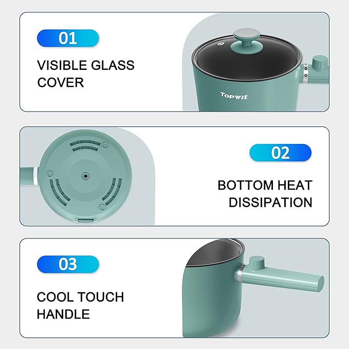 Topwit Hot Pot Electric, 1.5L Ramen Cooker, Non-Stick Frying Pan, Electric Pot for Pasta, Steak, BPA Free, Dual Power Control, Over-Heating & Boil Dry Protection, Green