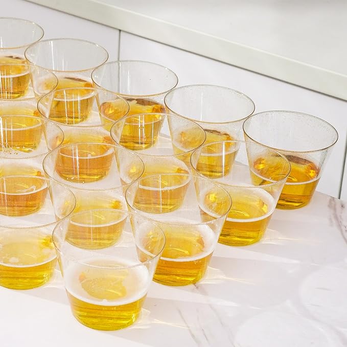100 Count 9 oz Gold Plastic Cups, Disposable Cocktail Cups for Wedding & Party, Bulk Gold Plastic Tumblers, Fancy Disposable Party Cups for Cold Drinks