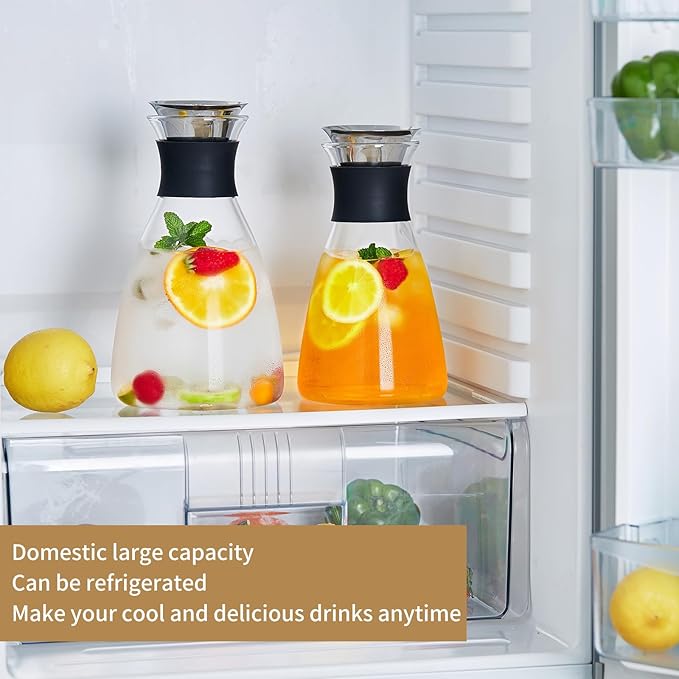 Glass Pitcher with Lid and Spout, 62 OZ Water Jug, Glass Carafe with Lid for Hot/Cold Water, Large Pitcher for Coffee, Juice,Homemade Iced Tea Beverage 1800ML
