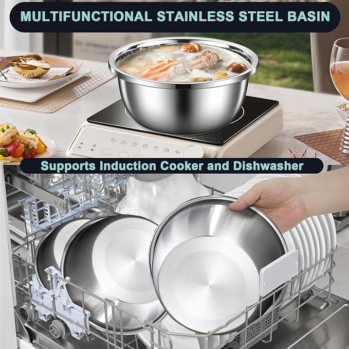 8+1 Stainless Steel Colander Set with Mixing Bowl, 4 Sizes (1.8QT, 2.3QT, 3QT, 4QT) with 1 Mesh Strainer, for Washing Rice, Fruits, Vegetables, Draining Pasta, Meat, and Spaghetti