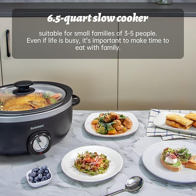 Slow Cooker 6+ Quart Black Uniform Heating,Non Stick Pot,Aluminum,6.5Qt Slow Cooker Makes Your Food More Delicious.Suitable as a Gift for Wives,Parents,and Friends