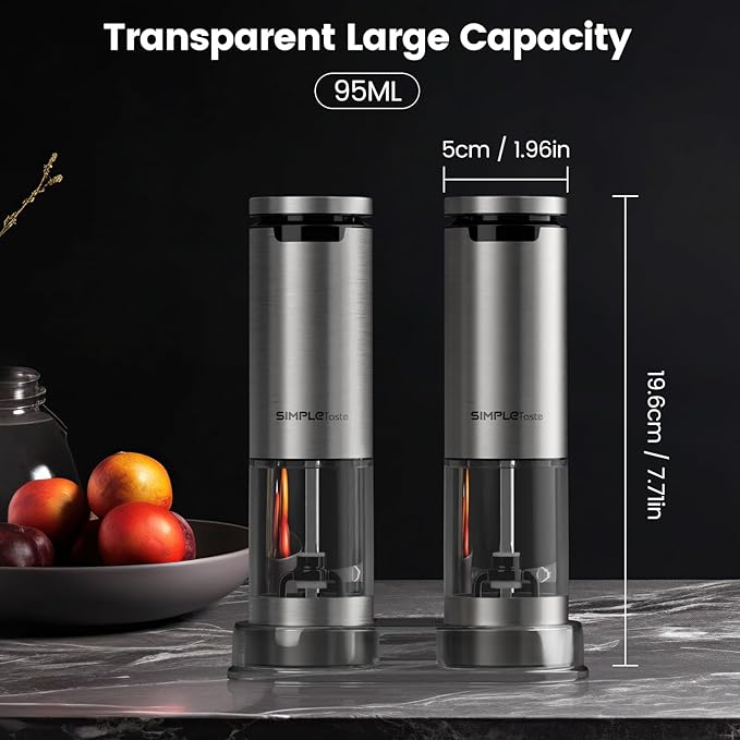 SIMPLETASTE Electric Salt and Pepper Grinder Set Rechargeable with LED Light, Stainless Steel, 70g Capacity for Kitchen, Dining Room, Bar