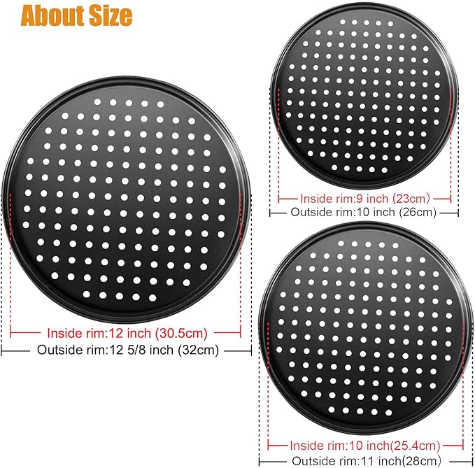 Handook Pizza Pan Set, Carbon Steel Pizza Pan with Holes, for Oven Baking Supplies & Home, Kitchen, Restaurant(9 Inch &10 Inch &12 Inch)