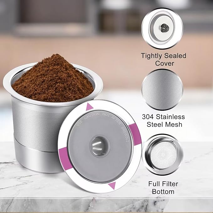 Reusable K Cups, Universal stainless steel Reusable Coffee Pods, Refillable Single K Cups for K 2.0 and 1.0 Coffee Makers (2-PACK)