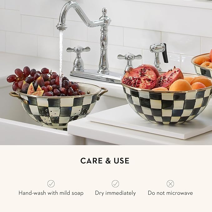 MACKENZIE-CHILDS Enamel Colander, Decorative Kitchen Strainer, Large, Black-and-White Courtly Check