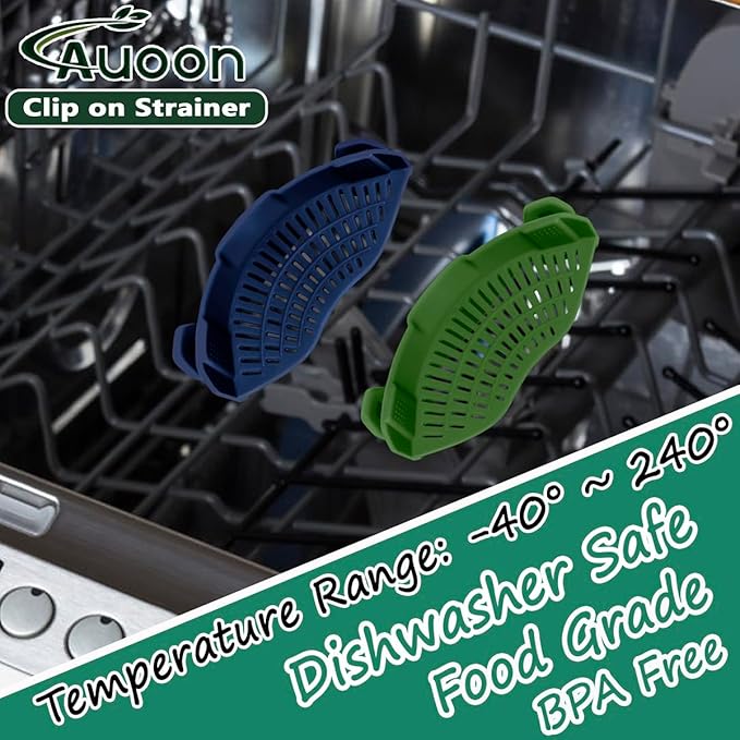 AUOON Clip On Strainer Silicone for All Pots and Pans, Pasta Strainer Clip on Food Strainer for Meat Vegetables Fruit Silicone Kitchen Colander (Navy)