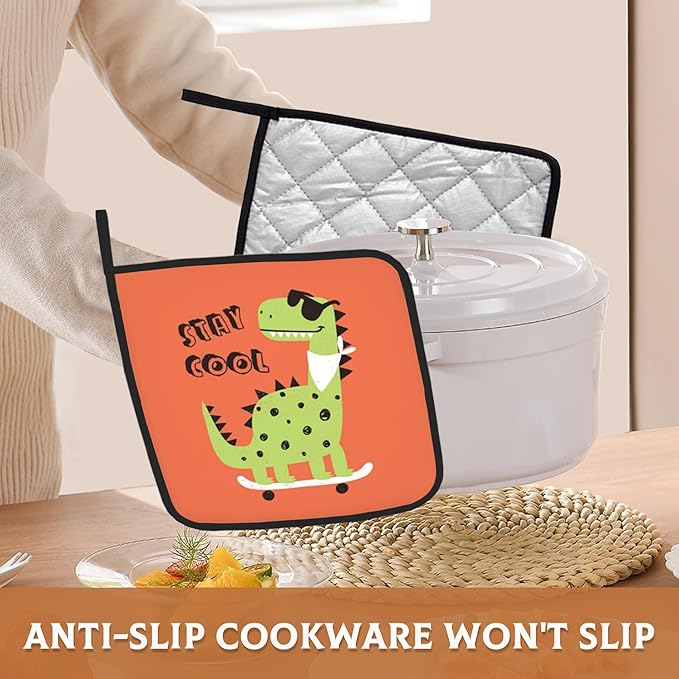 2 Pack Dino Pot Holders for Kitchen Heat Resistant, Cute Dinosaur Potholders for Kitchens Washable for Cooking & Baking & Microwave