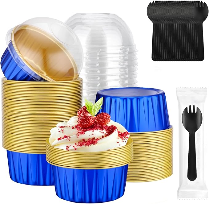 EUSOAR Disposable Ramekins with Individually Wrapped Spoons, 60pcs 5oz Mini Cake Pans with Lids and Plastic Sporks, Foil Creme Brulee Ramekins Muffin Baking Cups Cupcake Liners for Wedding Party Favor