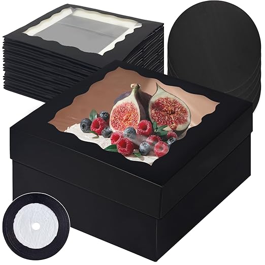 qiqee 12x12x6 Cake Box, 18 Sets Black Cake Box with Window & 18 Sets 8" Cake Round Boards, 8inch Cake Containers, 10 Meters Silk Ribbon
