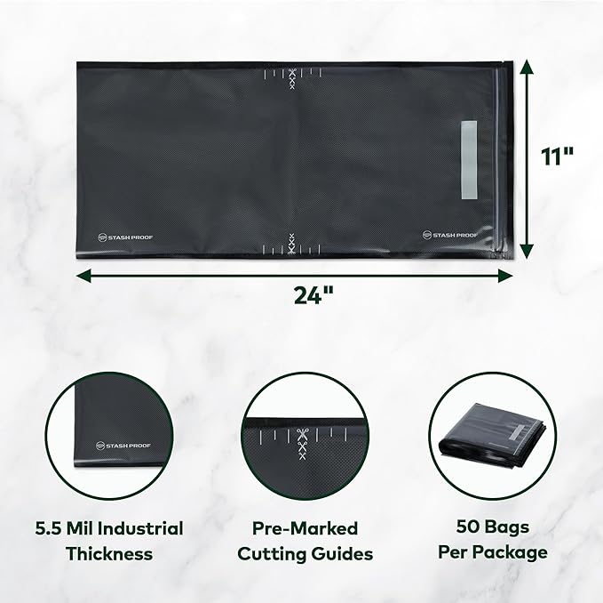 Resealable Zipper Vacuum Seal Bags 11" x 24" (50 Count) 5.5 Mil (Black and Clear) - BPA Free Commerical Grade Food Saver for Storage, Sous Vide, and Meal Prep Sealer Bag