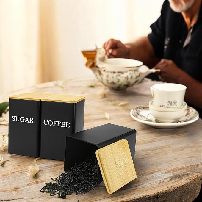 Set of 3 Coffee, Tea, and Sugar Canister Black Iron – Kitchen Storage Jars with Bamboo Lid and Name Marker – Simple Flour Container (6x3 Inch, 33 OZ)