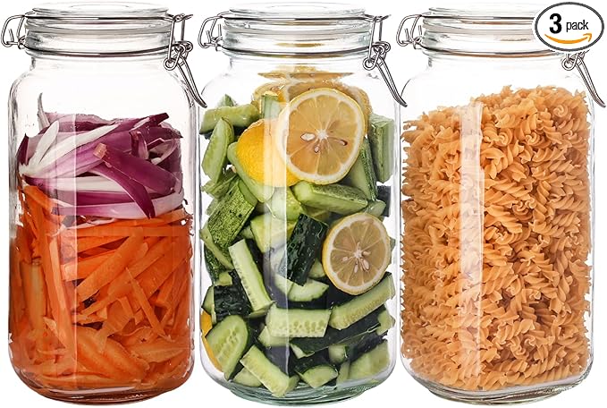 78oz Glass Food Storage Jars with Airtight Clamp Lids, 3 Pack Wide Mouth Large Kitchen Canisters for Flour, Cereal, Beans, Pasta and Canning, Square Mason Jar with Labels