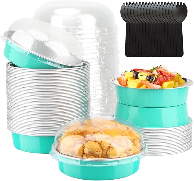 LNYZQUS 4 Inch Mini Cake Pans with Lids 50 Pack, Disposable Small Pie Tins Mini Tart Creme Brulee Ramekin Contaniers,8oz Aluminum Foil Baking Pans Jumbo Muffin Cups Holders-Cyan Blue