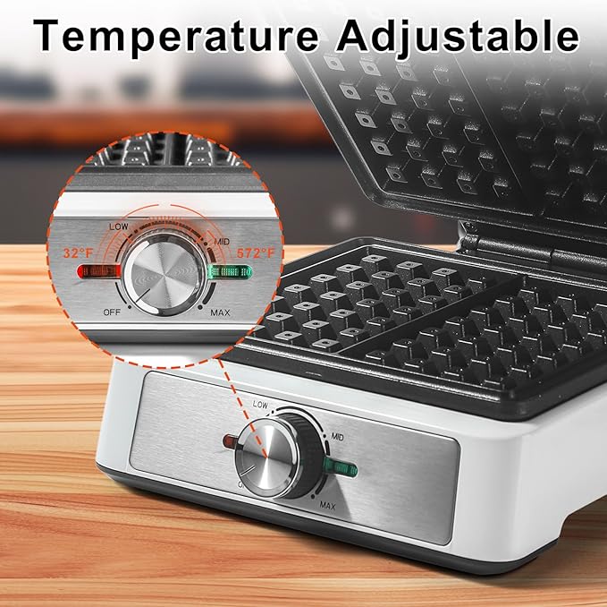Waffles Maker 2 Slices, Large Square Belgian Waffle Maker, Anti-Overflow Waffle Iron Non-stick Plate, Thick Breakfast Waffle Machine Make Waffles in Minutes, Adjustable Temperature, 1200W