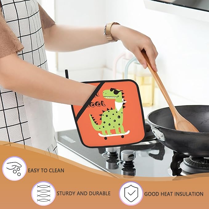 2 Pack Dino Pot Holders for Kitchen Heat Resistant, Cute Dinosaur Potholders for Kitchens Washable for Cooking & Baking & Microwave