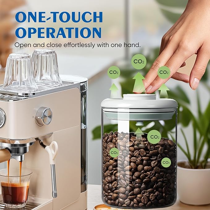 Coffee Container - Kitchen Food Storage Container with One-Way CO2 Valve, Press-on Lid Glass Coffee Canister with Scoop UV Protection for Grounds, Beans, 11 oz Brown