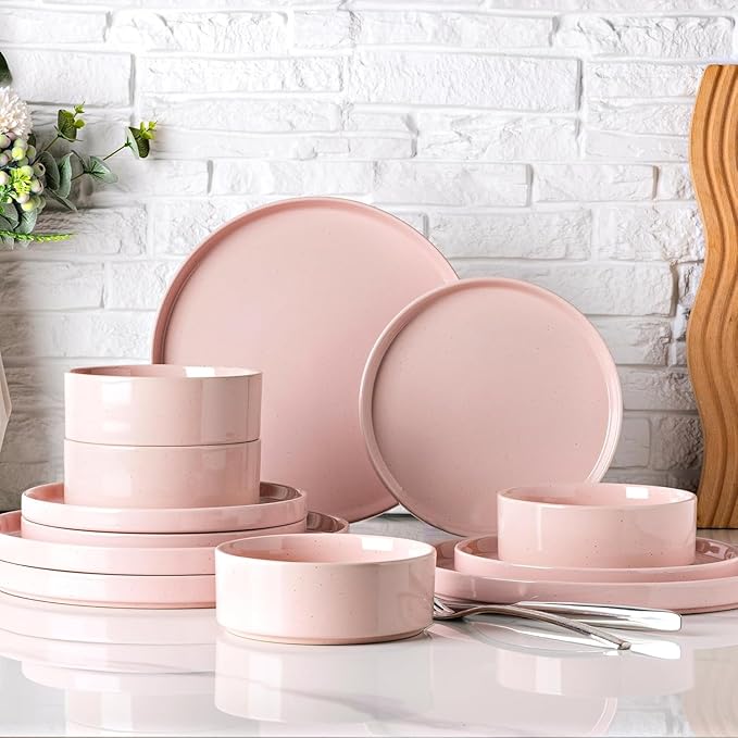 GBHOME Dinnerware Set for 4, 12 Piece Speckled Plates and Bowls Set with Glazed Bottom, Chip & Scratch Resistant Stoneware Plates Sets, Dishwasher & Microwave Safe Dishes (Pink, Service for 4)