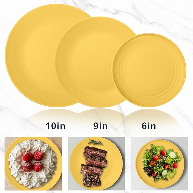 40Pack plates and bowls sets for kids - Unbreakable wheat straw dinnerware sets service for 8 - Alternative plastic 40pcs dish sets for kitchen, camping and indoors dinning - (Yellow)