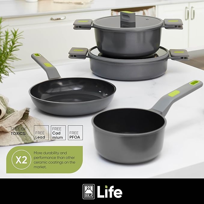 BRA COOKWARE Life Sauce Pan w/Glass Lid | 6.3 inches 1.2 quarts Recycled Cast Aluminum Small Casserole | Ceramic Non-Stick | All Heat Sources Compatible | PFOA Free Sauce Skillet | Soft-Touch Handle