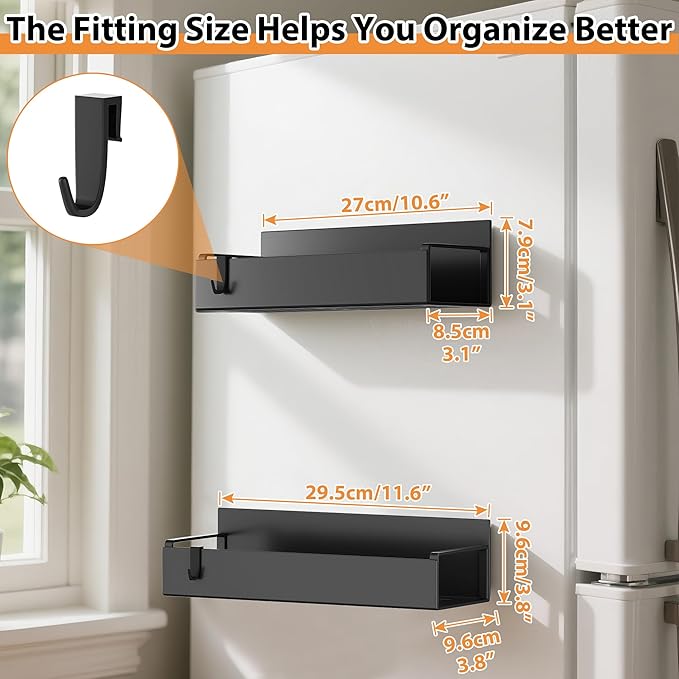 2 Pack Magnetic Spice Rack Organizer for Refrigerator and Oven, Movable Magnetic Hanging Kitchen Spice Rack with 2 Hooks, Black