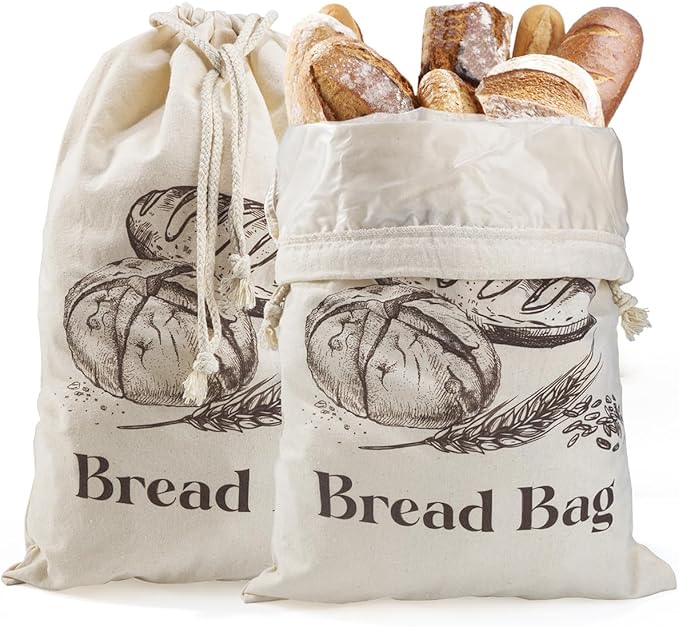 2 Pack Cotton Bread Bags for Homemade Bread, Large sourdough bread bags with TPU Lining, 12 X18 Inches Reusable Food Storage Bags (2)