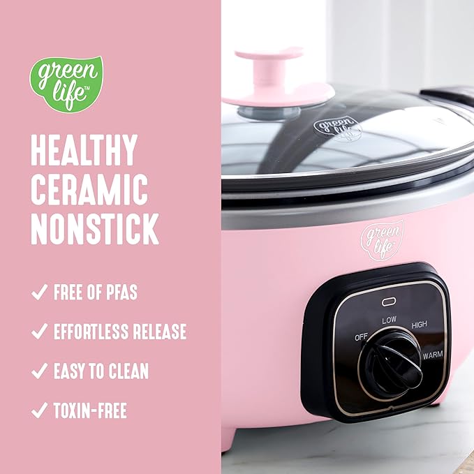 GreenLife 3.5QT Slow Cooker, Non-Toxic PFAS-Free Ceramic Nonstick Removable Interior Bowl, Programmable, Keep Warm, Stovetop & Oven Safe, Dishwasher Safe Parts, Glass Lid, Pink