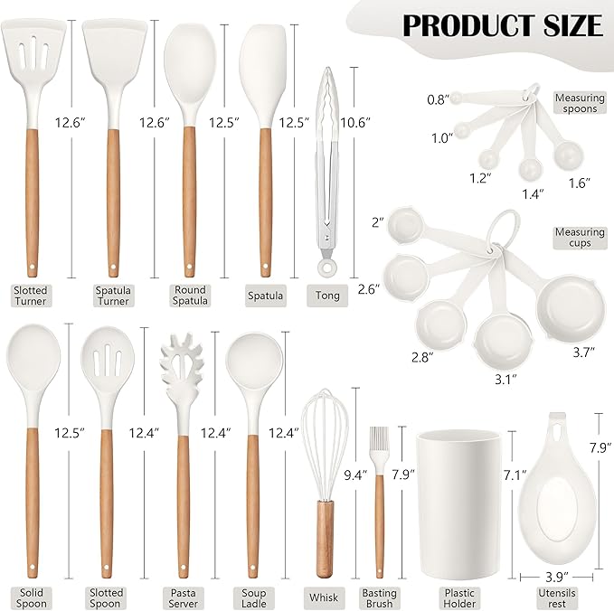 HaWare Kitchen Cooking Utensils Set, 23-Piece Silicone Kitchen Utensils Spatula Set with Holder, Heat Resistant Wooden Handle Kitchen Gadget for Nonstick Cookware, Food-grade Turner Spoon Sets (White)