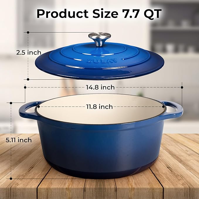 Zulay Kitchen 7.7 Quart Enameled Cast Iron Dutch Oven with Lid, Silicone Trivet & Heat Pad – Premium Durability & Oven Safe up to 500°F – Heavy Duty Cookware Perfect for Bread Baking, Stews, Braising & Roasting – Blue