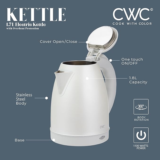 COOK WITH COLOR Electric Kettle - Rapid Boil, Sleek Design, and Safety Features - Great for Quick and Easy, Stainless Steel Crème, 1.7 Liters