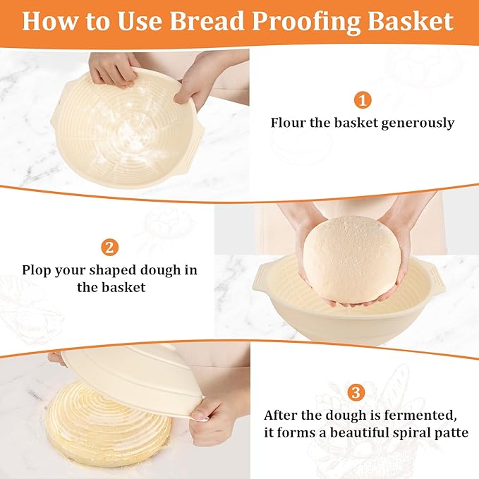 Sourdough Bread Baking Supplies Kit Including 9 inch Round Silicone Banneton Basket, Dough Scraper, Bread Lame, Danish Whisk and Bread Bag;Bread Proofing Basket Set for Home Bakers