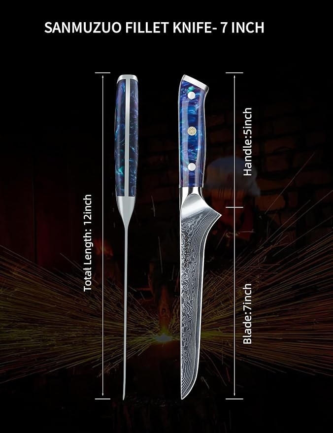 7 inch Fillet Knife, VG10 Damascus Steel Fish Boning Knife with Resin Handle - Xuan Series (Sapphire Blue)