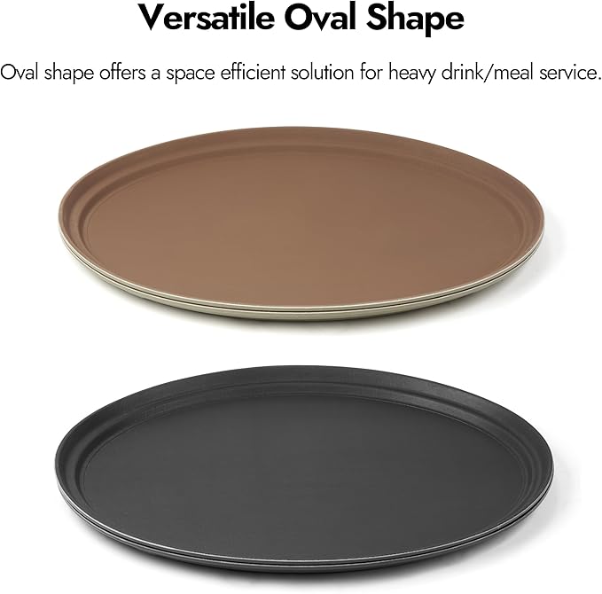 CURTA 2-Pack Restaurant Grade Non-Slip Tray, NSF, Oval 22-Inch x 27-Inch, Plastic Rubber Lined Round Serving Tray, Black