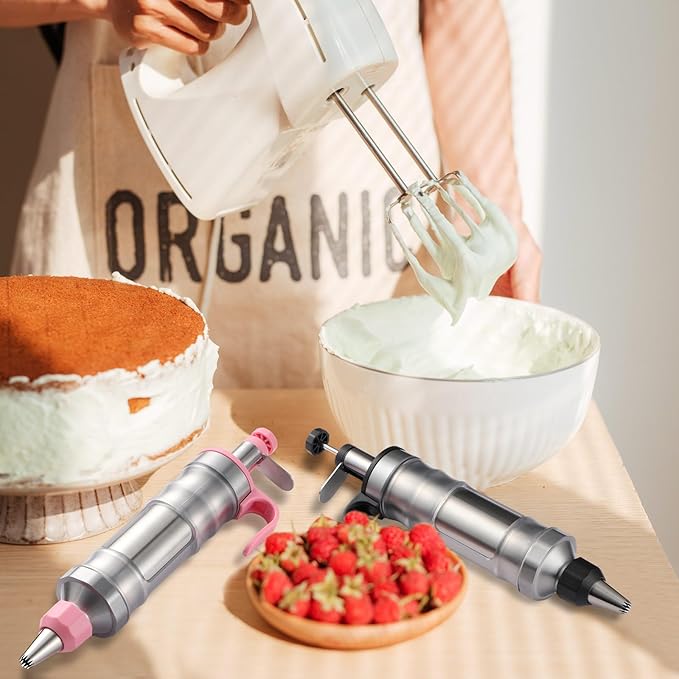 Uiifan 2 Sets Icing Decoration Gun Set Dessert Decorating Decorator Syringe Cake Decorating Tool and 12 Pcs Russian Piping Icing Nozzles Cupcake Filling Injector Cake Tool for Baking(Pink, Black)