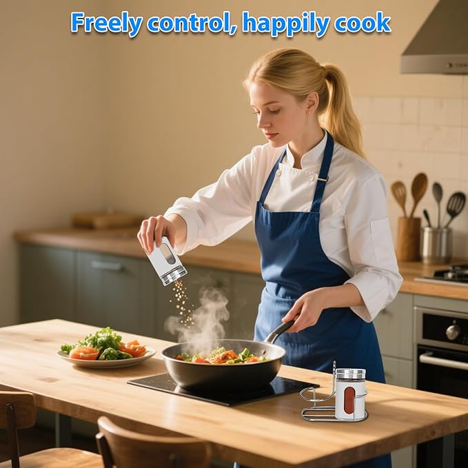 Glass Salt and Pepper Shaker Set with Seasoning Rack, Spice Rack, Adjustable Pour Hole Stainless Steel Lid, 2.8 oz, Spice Dispenser for Salt, Pepper, Spice Preservation (white)