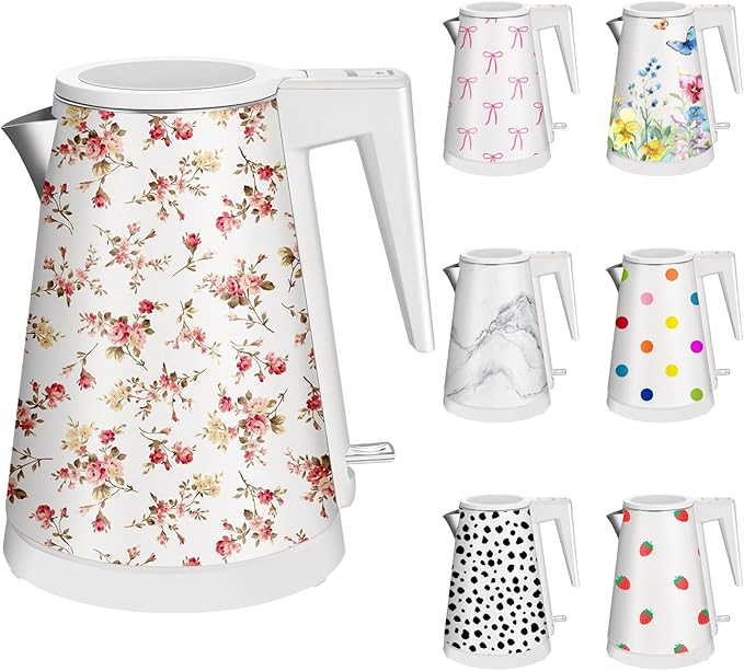 1.2L Double Wall Stainless Steel Interior Water Boiler, Cordless, 1000W Fast Boil with LED Light Coffee Pot & Tea Electric Kettle, Auto Shut-Off and Boil-Dry Protection (Red Flower)