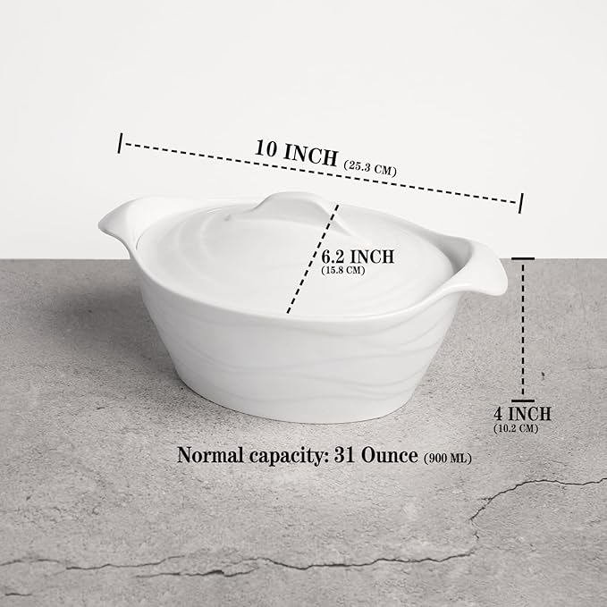 8" x 6" Ceramic Casserole Dish with Lids 31 Oz White French Soup Tureen Bakeware Set with Handle - 10 IN, Chip and Crack Resistant Baking Dish, Microwave, Dishwasher, Oven, Fridge Safe