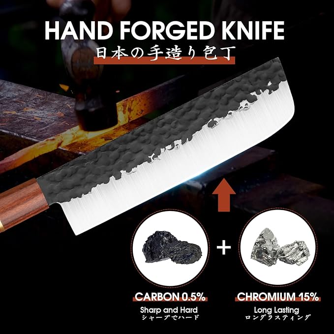Huusk Japan Knife, Nakiri Knife Japanese Vegetable Knives 7 Inch, Multipurpose Asian Kitchen Chef Knives,Hand Forged High Carbon Steel Sharp Cleaver, Ergonomic Rosewood Handle, Gift Box for Dad