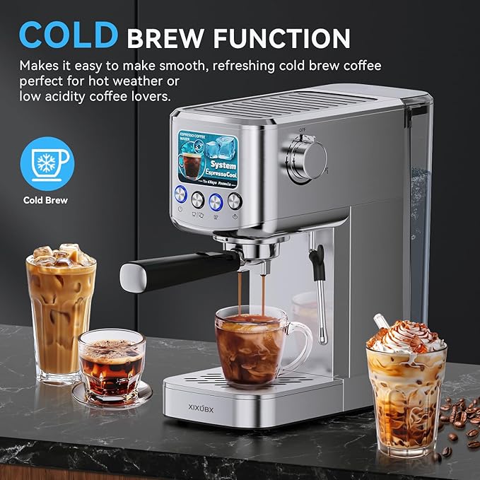 Espresso Machine 20 Bar with Milk Frother, Stainless Steel Coffee Maker with 42 oz Removable Water Tank for Cappuccino, Latte&Cold Brew, Home&Office, Silver