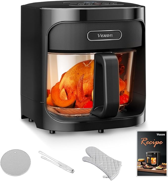 Vexon 4.5L Glass Air Fryer ,Clear Viewing Window ,Easy-to-Clean Basket ,Multiple Cooking Modes ,User-Friendly Digital Controls (Black)