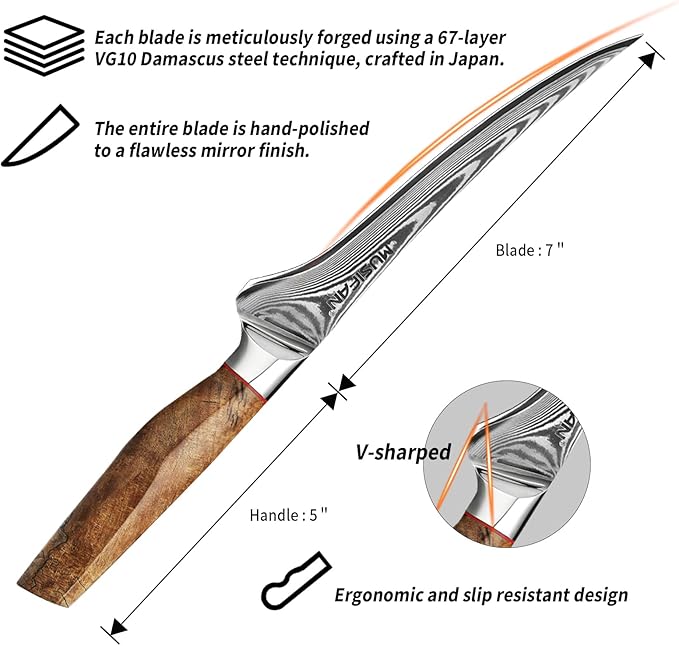Fillet Knife 7 Inch, Precision Boning Knife for Efficient Meat Cutting and Boning, Boning Knife in high Carbon Steel