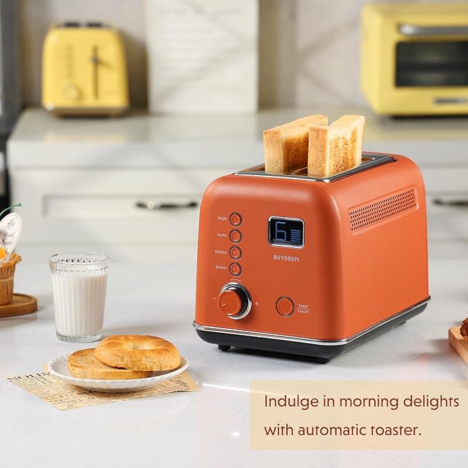 BUYDEEM DT730 Motorized Toaster, 2-Slice Smart Digital Leverless Toaster with LCD Countdown Timer, 9-Shade Settings for Toast, Bagels, Waffles, Muffins